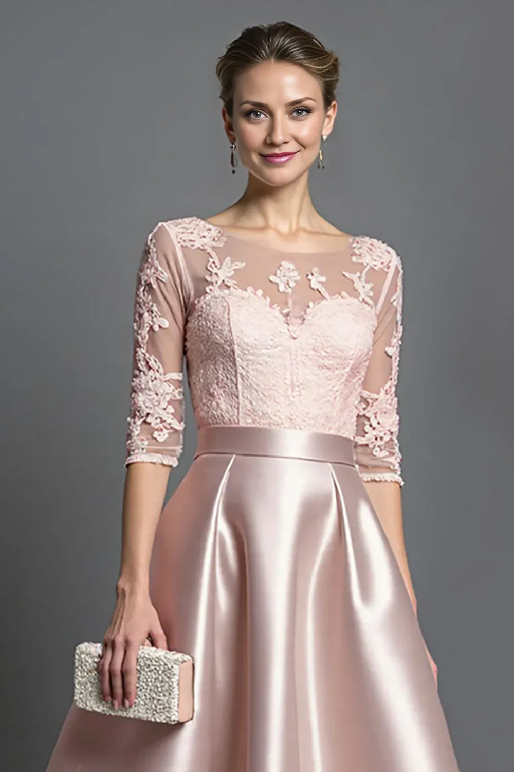 A-Line Boat Neck Long Sleeve Zipper Up Tea-Length Mother of the Bride Dress