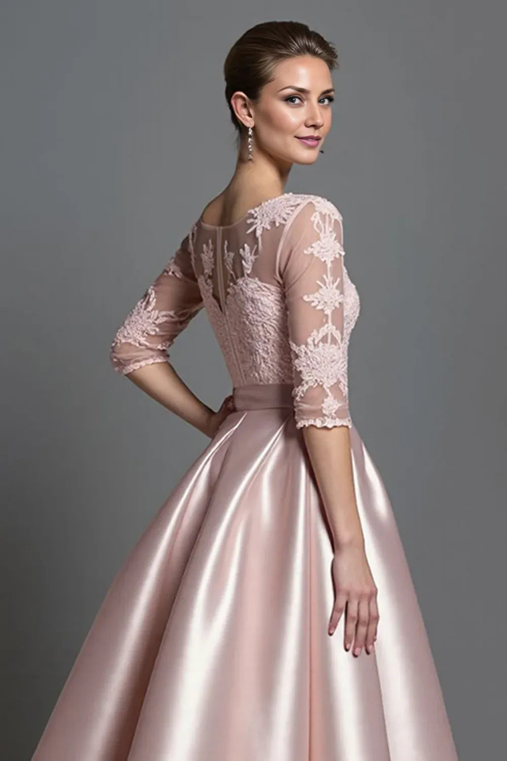 A-Line Boat Neck Long Sleeve Zipper Up Tea-Length Mother of the Bride Dress