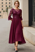 A-Line Boat Neck Long Sleeve Zipper Up Tea Length Mother of the Bride Dress
