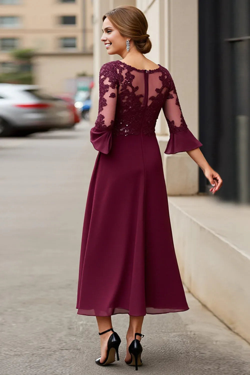 A-Line Boat Neck Long Sleeve Zipper Up Tea Length Mother of the Bride Dress