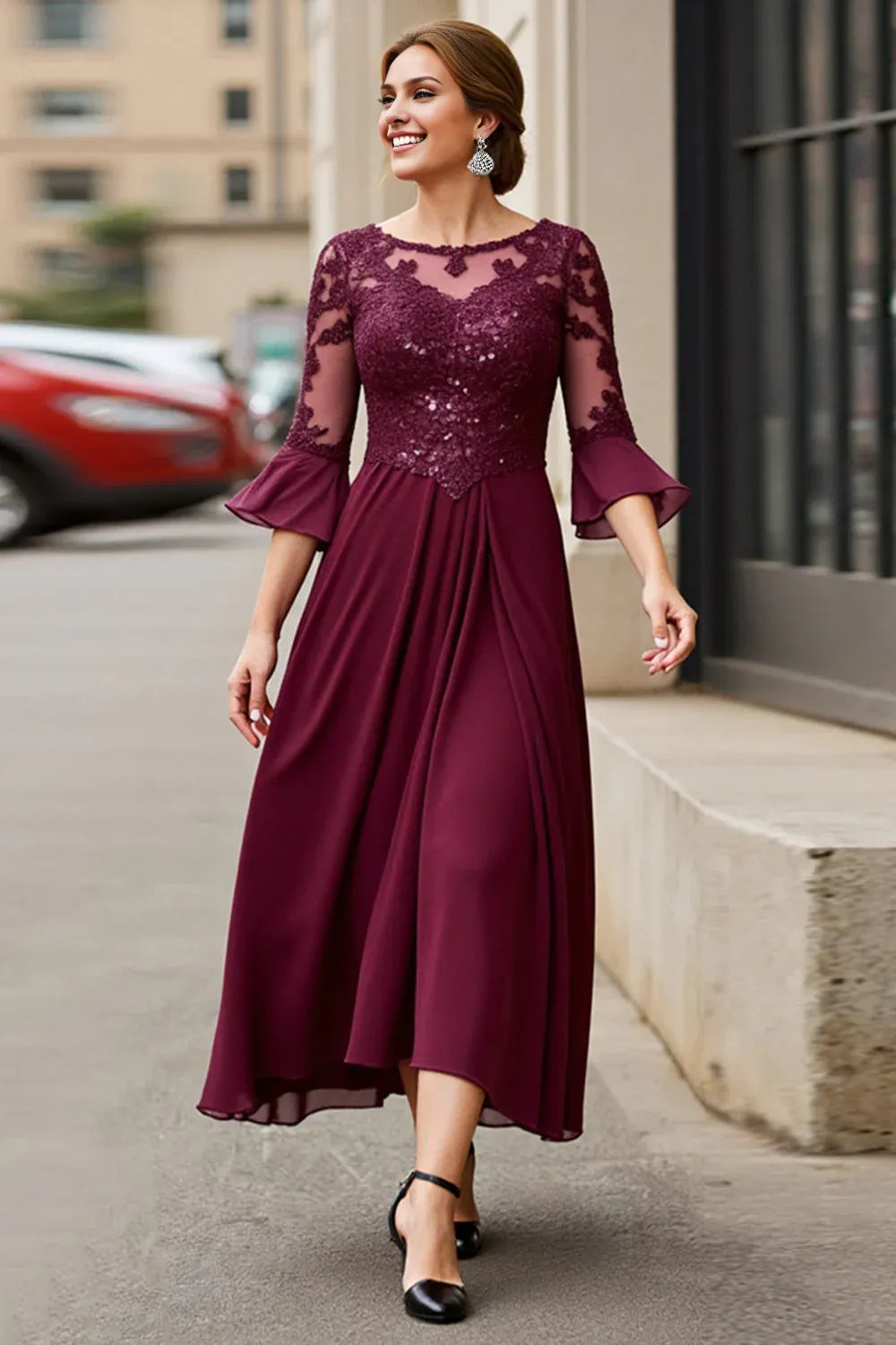 A-Line Boat Neck Long Sleeve Zipper Up Tea Length Mother of the Bride Dress