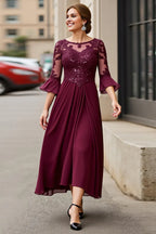 A-Line Boat Neck Long Sleeve Zipper Up Tea Length Mother of the Bride Dress