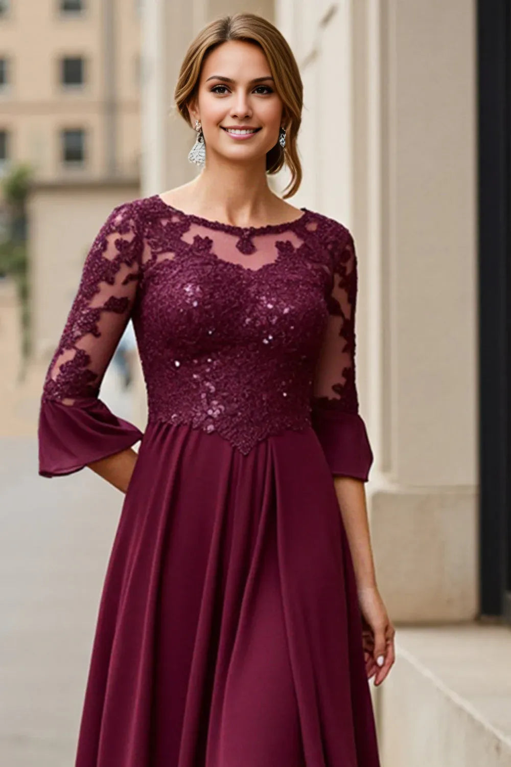 A-Line Boat Neck Long Sleeve Zipper Up Tea Length Mother of the Bride Dress