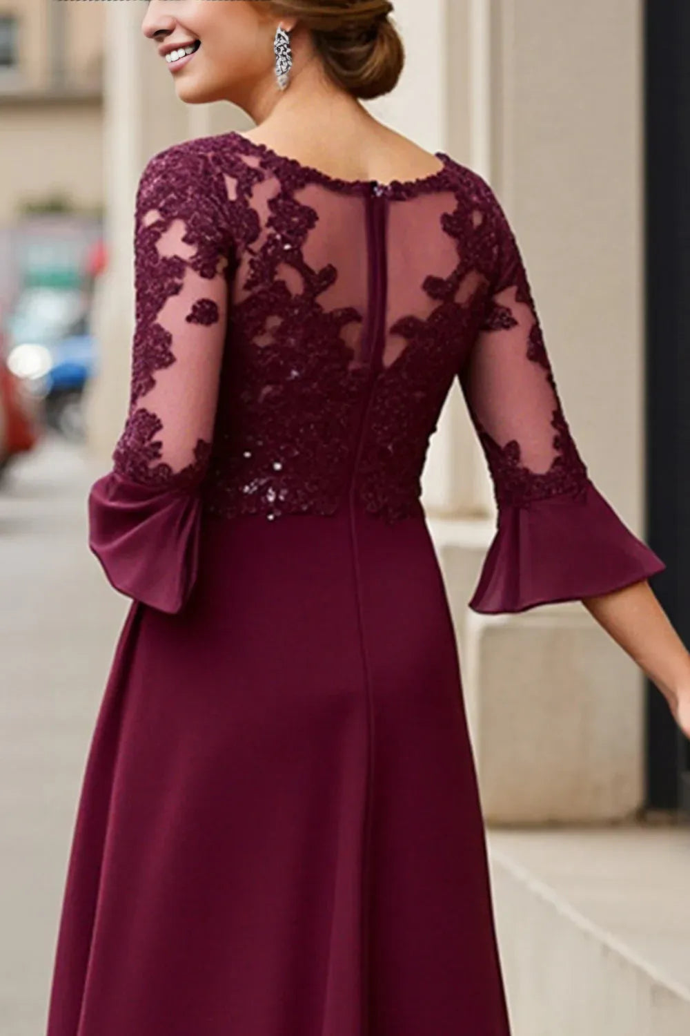 A-Line Boat Neck Long Sleeve Zipper Up Tea Length Mother of the Bride Dress
