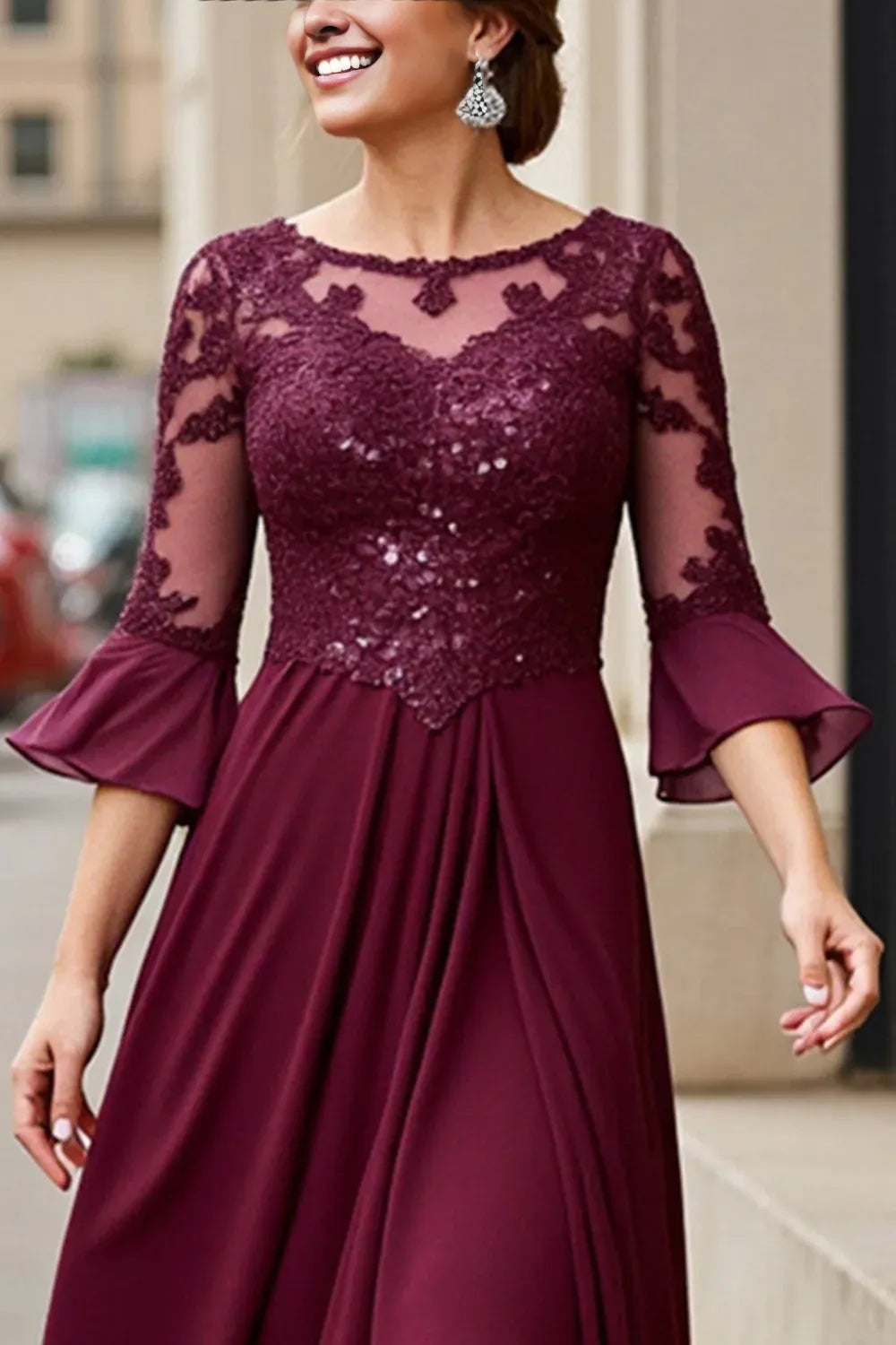 A-Line Boat Neck Long Sleeve Zipper Up Tea Length Mother of the Bride Dress