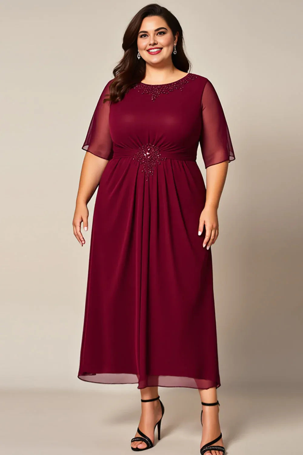 A-Line Boat Neck Short Sleeves Zipper Up Floor-Length Plus Size Mother of the Bride Dress