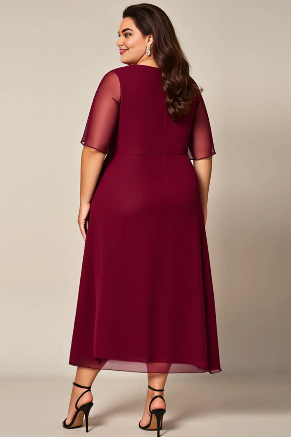 A-Line Boat Neck Short Sleeves Zipper Up Floor-Length Plus Size Mother of the Bride Dress