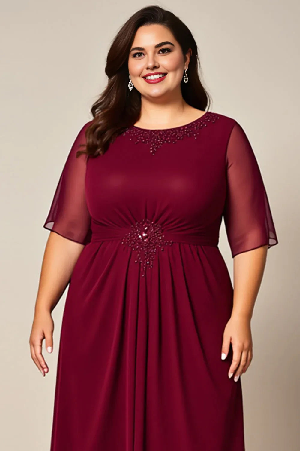 A-Line Boat Neck Short Sleeves Zipper Up Floor-Length Plus Size Mother of the Bride Dress