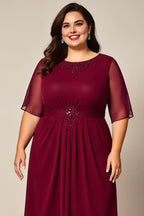 A-Line Boat Neck Short Sleeves Zipper Up Floor-Length Plus Size Mother of the Bride Dress