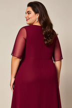 A-Line Boat Neck Short Sleeves Zipper Up Floor-Length Plus Size Mother of the Bride Dress