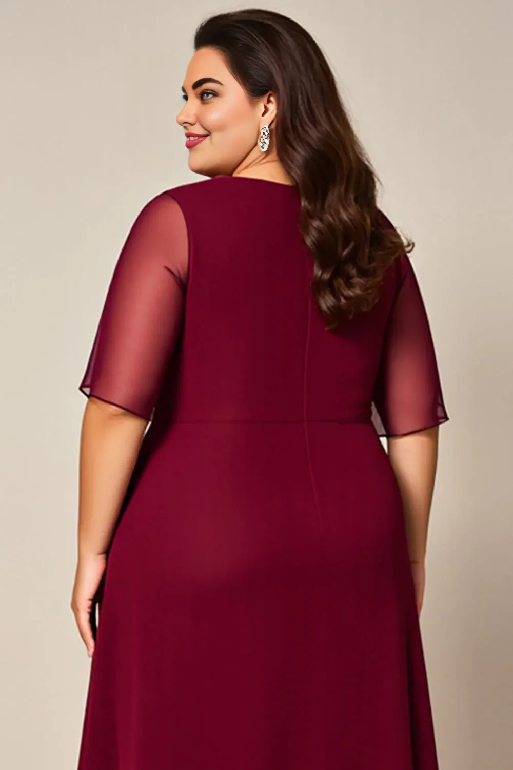 A-Line Boat Neck Short Sleeves Zipper Up Floor-Length Plus Size Mother of the Bride Dress
