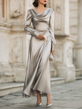 Elegant A-Line Cowl Neck Bishop Sleeve Satin Silver Floor-Length Prom Dresses