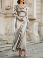 Elegant A-Line Cowl Neck Bishop Sleeve Satin Silver Floor-Length Prom Dresses
