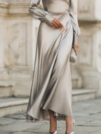 Elegant A-Line Cowl Neck Bishop Sleeve Satin Silver Floor-Length Prom Dresses
