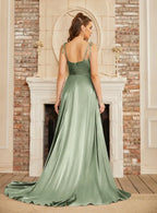 Elegant Satin Prom Dress For Women Sage Green A Line Cowl Neck With Adjustable Tie Straps For Prom Night