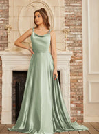 Elegant Satin Prom Dress For Women Sage Green A Line Cowl Neck With Adjustable Tie Straps For Prom Night