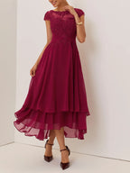 A-Line Crew Neck Cap Sleeve Back Zip Ankle-Length Evening Dress