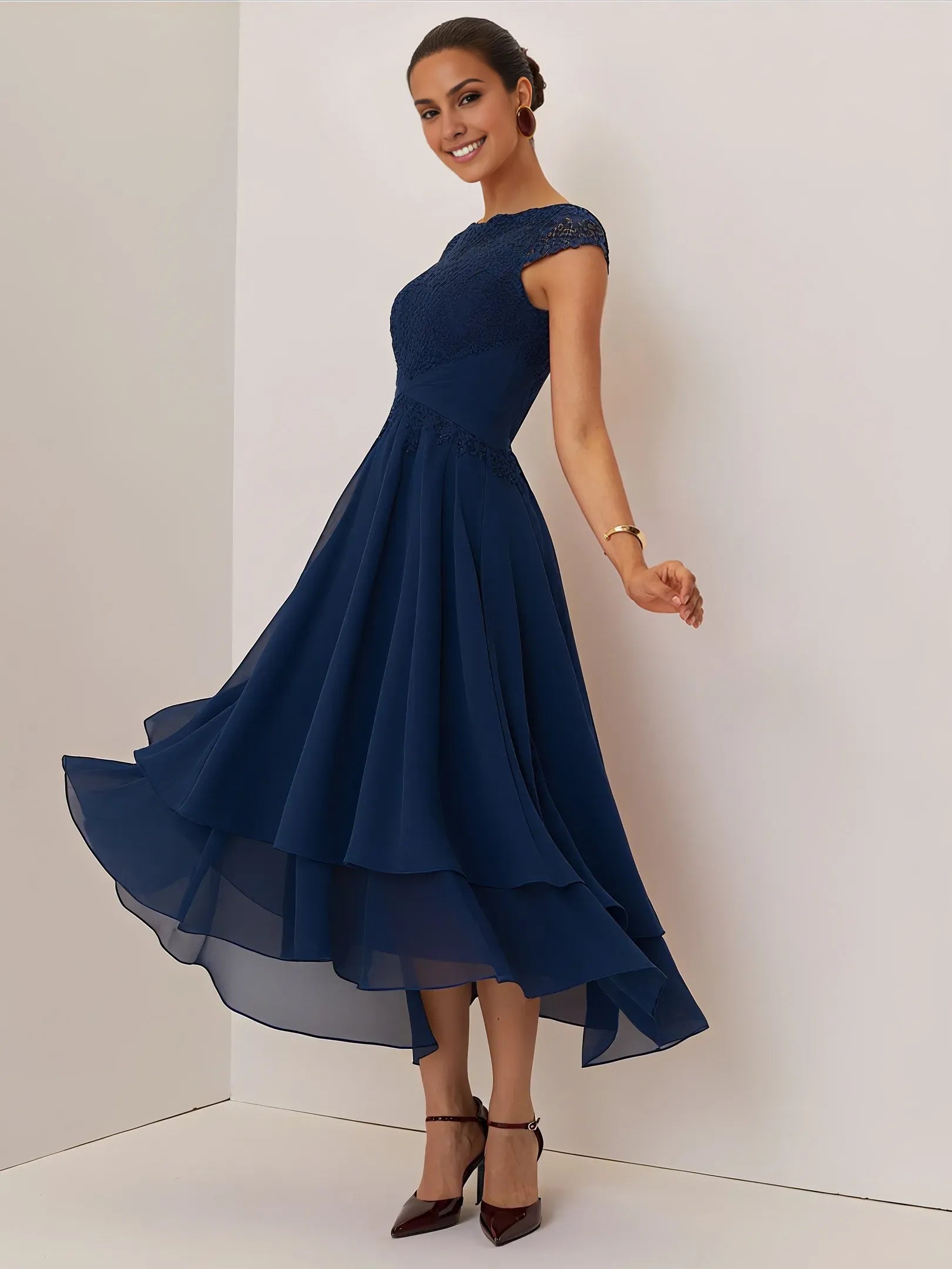 A-Line Crew Neck Cap Sleeve Back Zip Ankle-Length Evening Dress