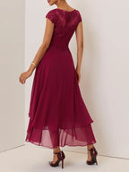 A-Line Crew Neck Cap Sleeve Back Zip Ankle-Length Evening Dress