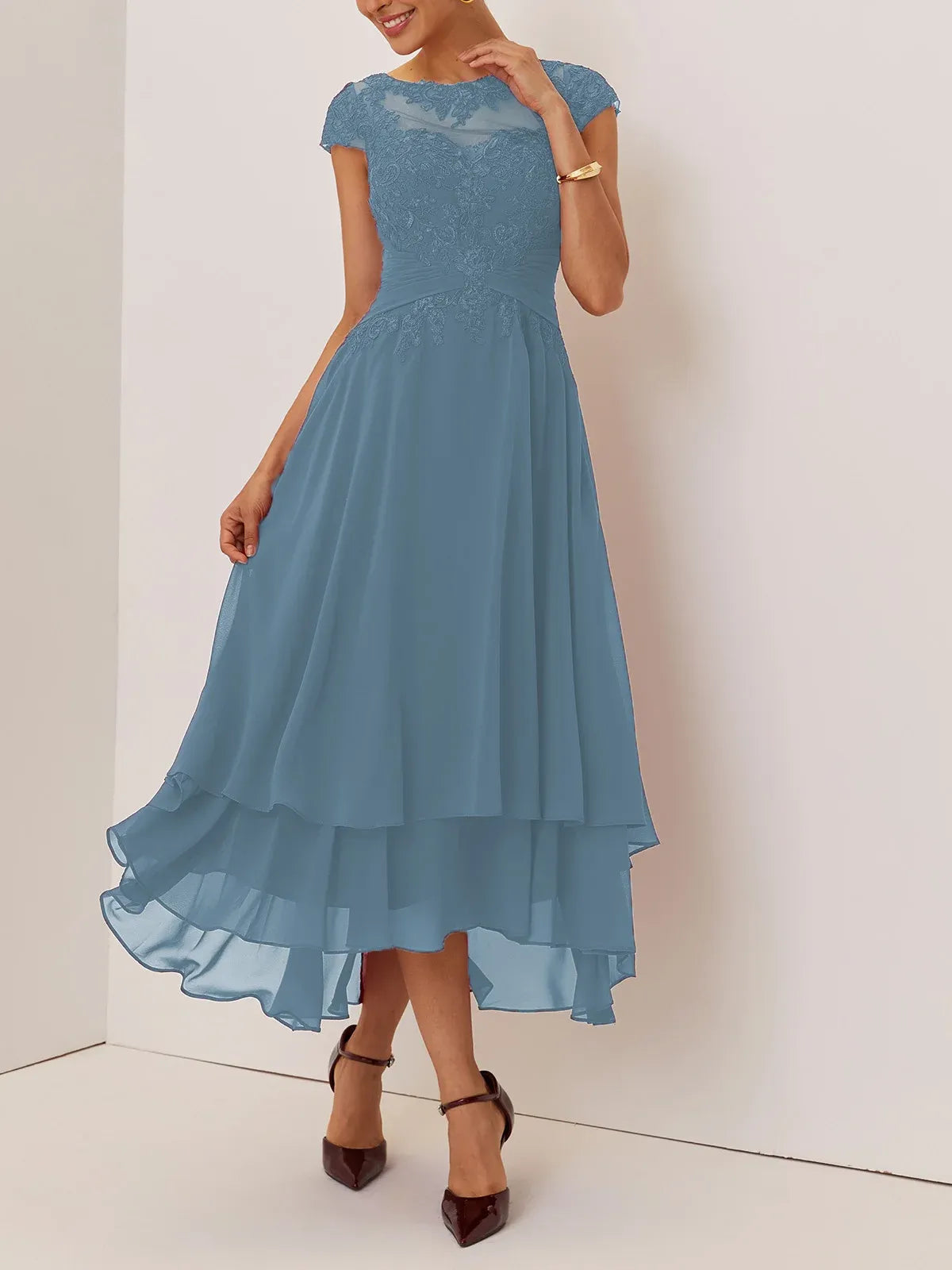 A-Line Crew Neck Cap Sleeve Back Zip Ankle-Length Evening Dress