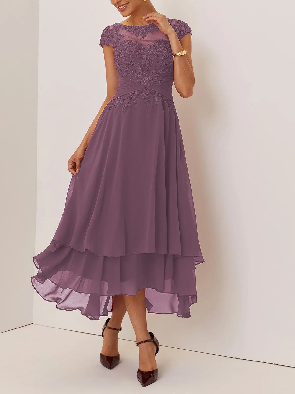A-Line Crew Neck Cap Sleeve Back Zip Ankle-Length Evening Dress