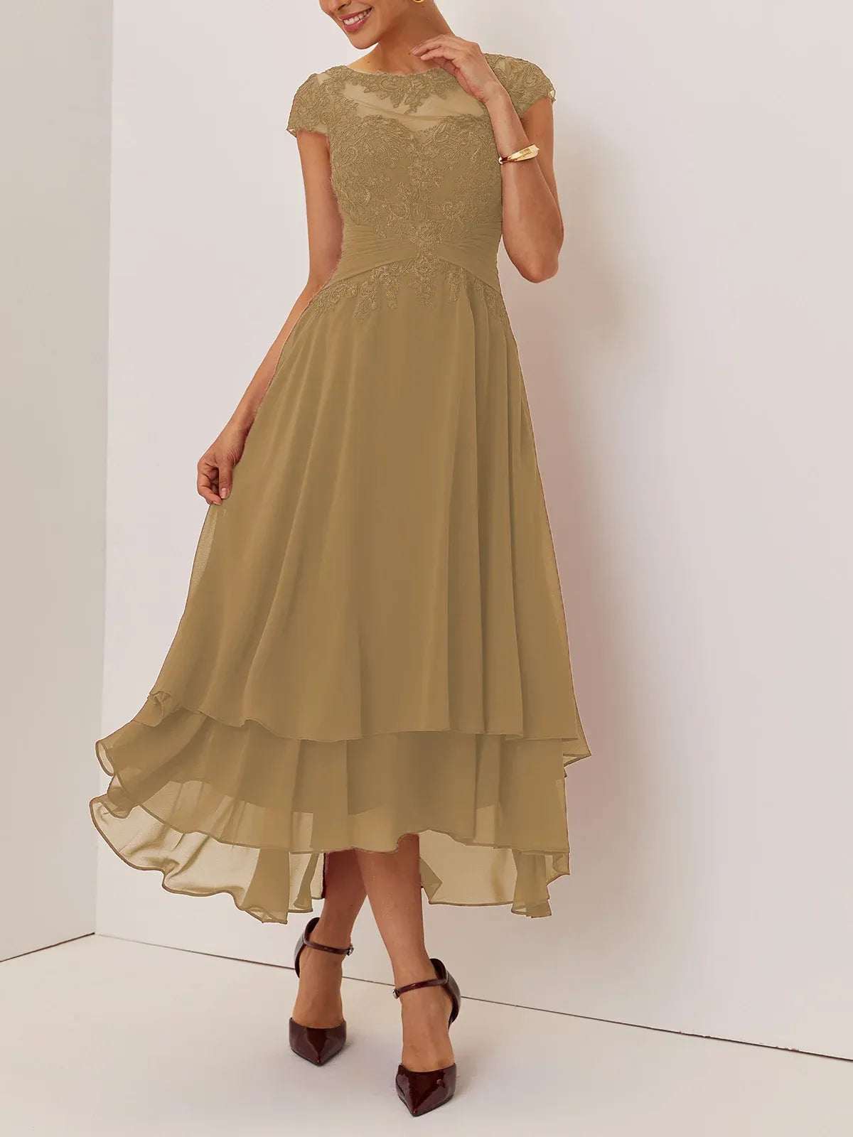 A-Line Crew Neck Cap Sleeve Back Zip Ankle-Length Evening Dress