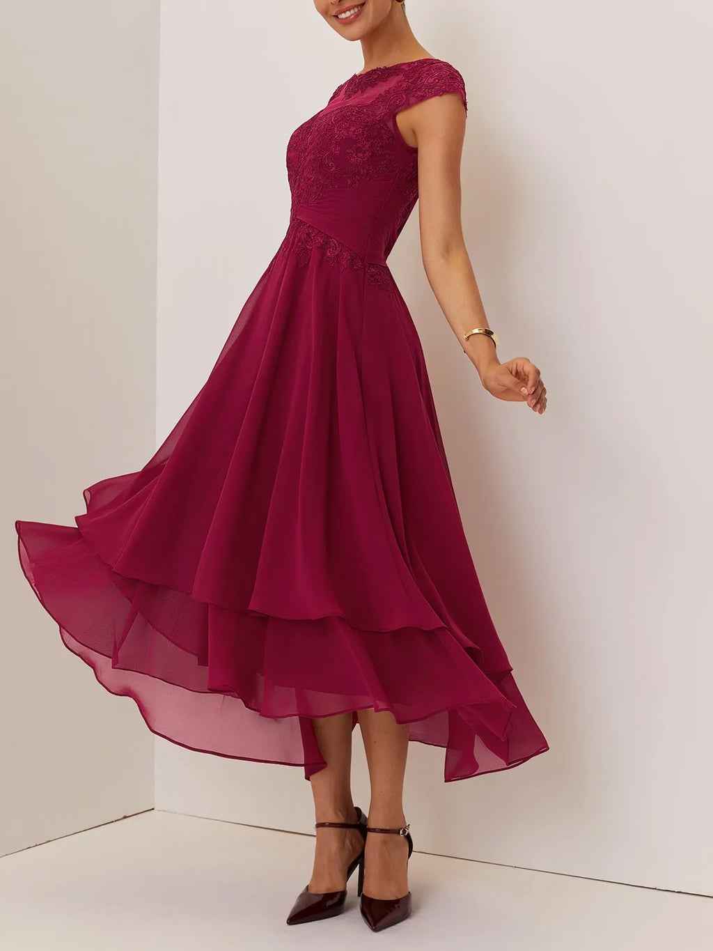 A-Line Crew Neck Cap Sleeve Back Zip Ankle-Length Evening Dress