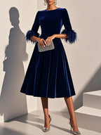 A-Line Crew Neck Half Sleeve Zipper Up Tea-Length Prom Dress