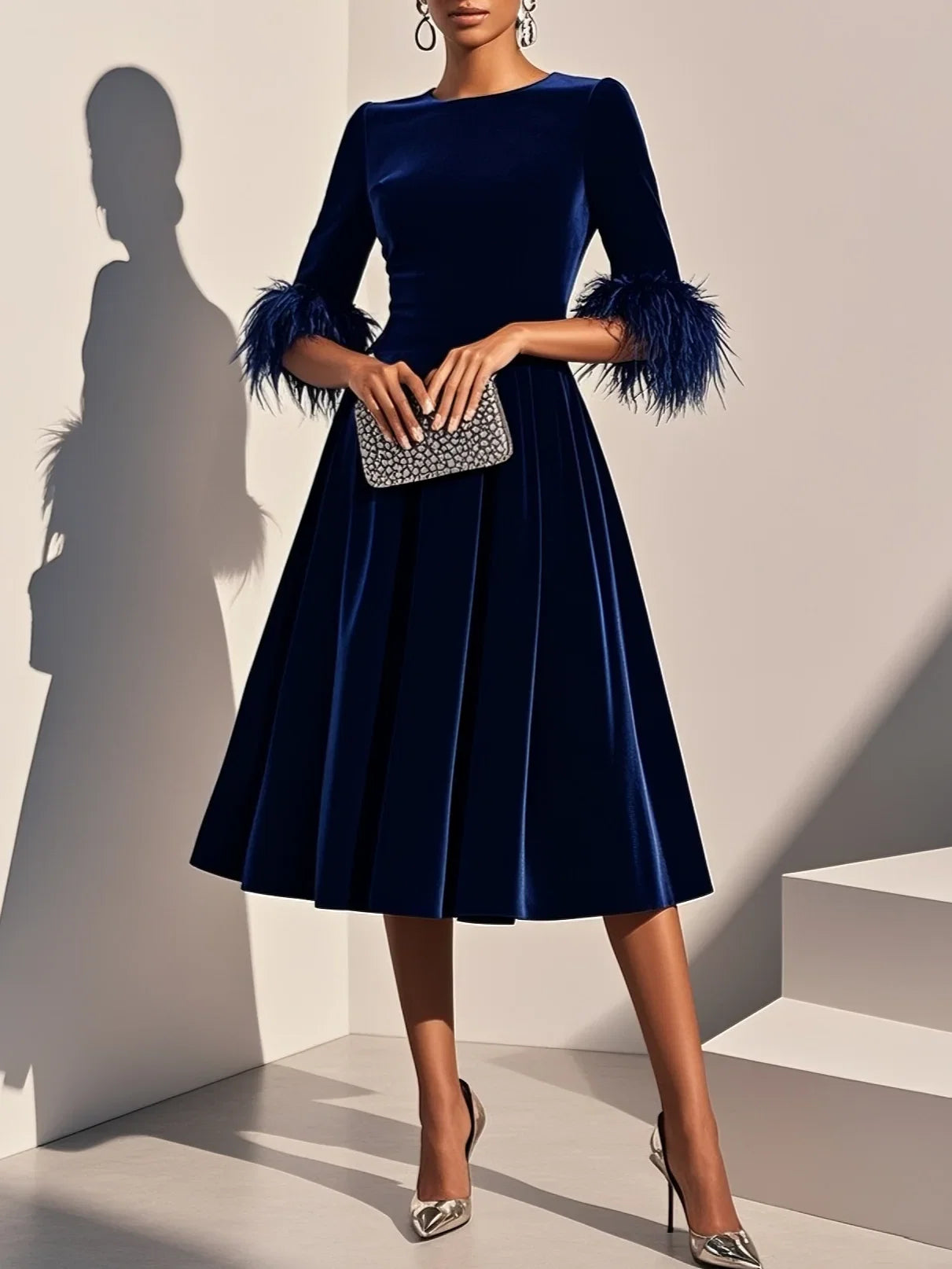A-Line Crew Neck Half Sleeve Zipper Up Tea-Length Prom Dress