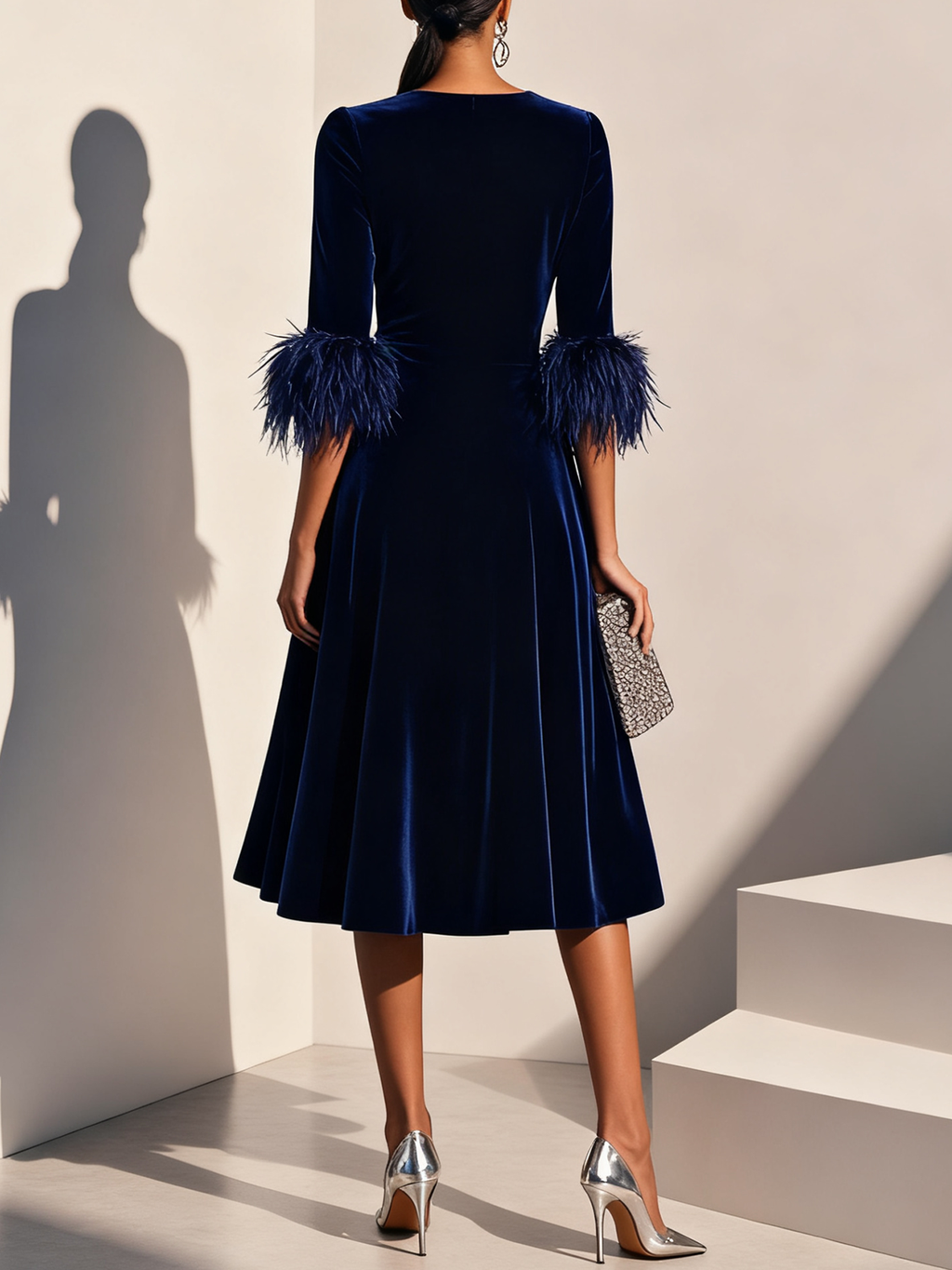 A-Line Crew Neck Half Sleeve Zipper Up Tea-Length Prom Dress