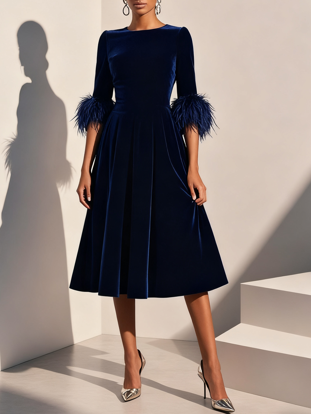 A-Line Crew Neck Half Sleeve Zipper Up Tea-Length Prom Dress