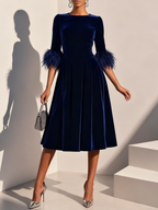 A-Line Crew Neck Half Sleeve Zipper Up Tea-Length Prom Dress