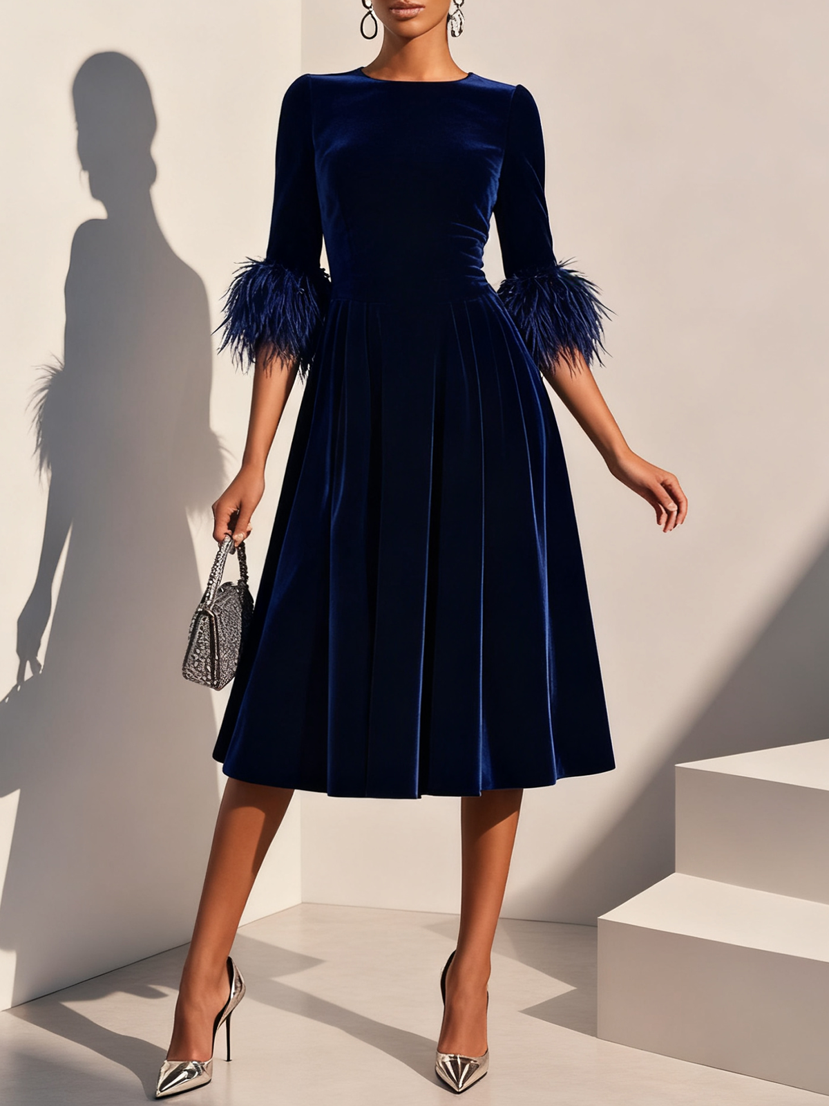 A-Line Crew Neck Half Sleeve Zipper Up Tea-Length Prom Dress