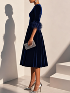 A-Line Crew Neck Half Sleeve Zipper Up Tea-Length Prom Dress