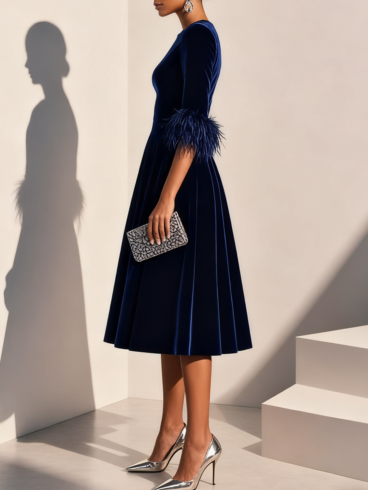 A-Line Crew Neck Half Sleeve Zipper Up Tea-Length Prom Dress