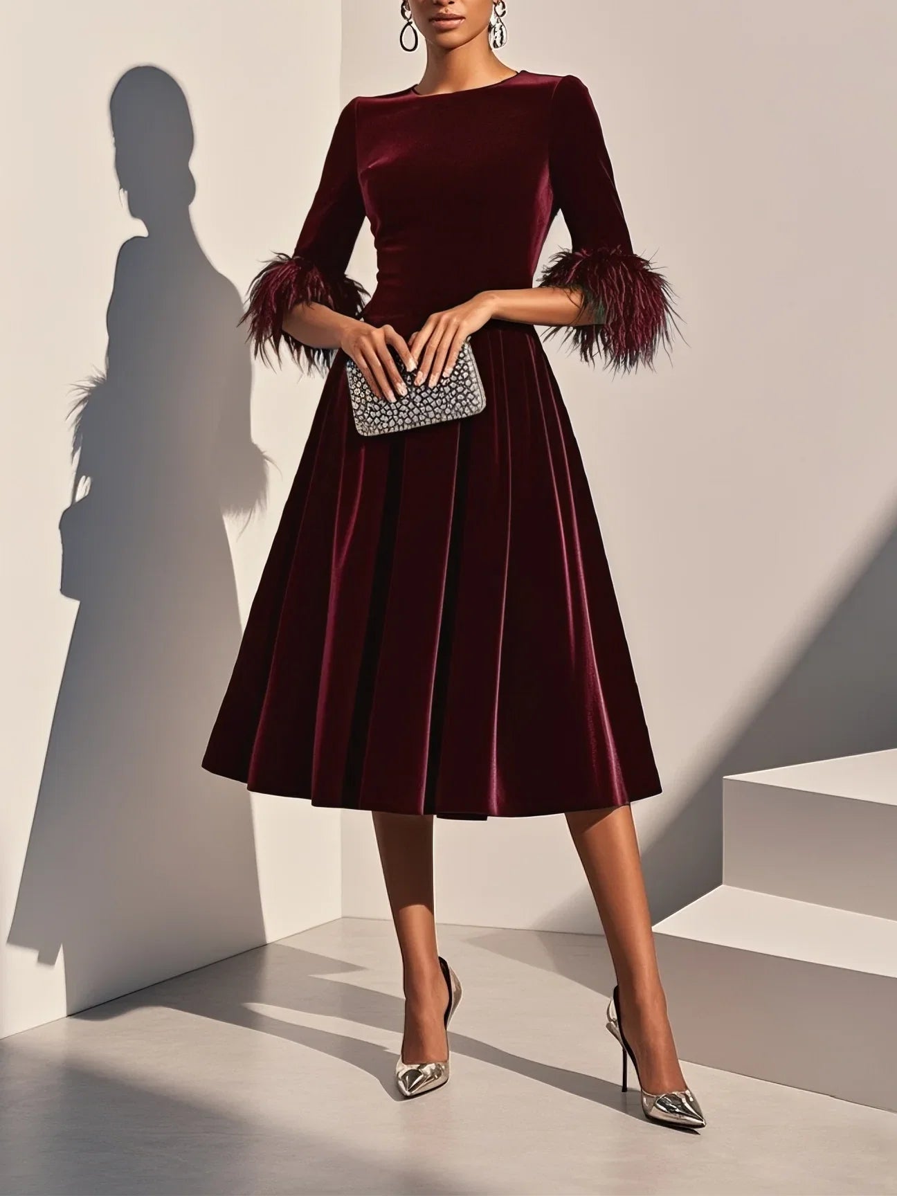 A-Line Crew Neck Half Sleeve Zipper Up Tea-Length Prom Dress