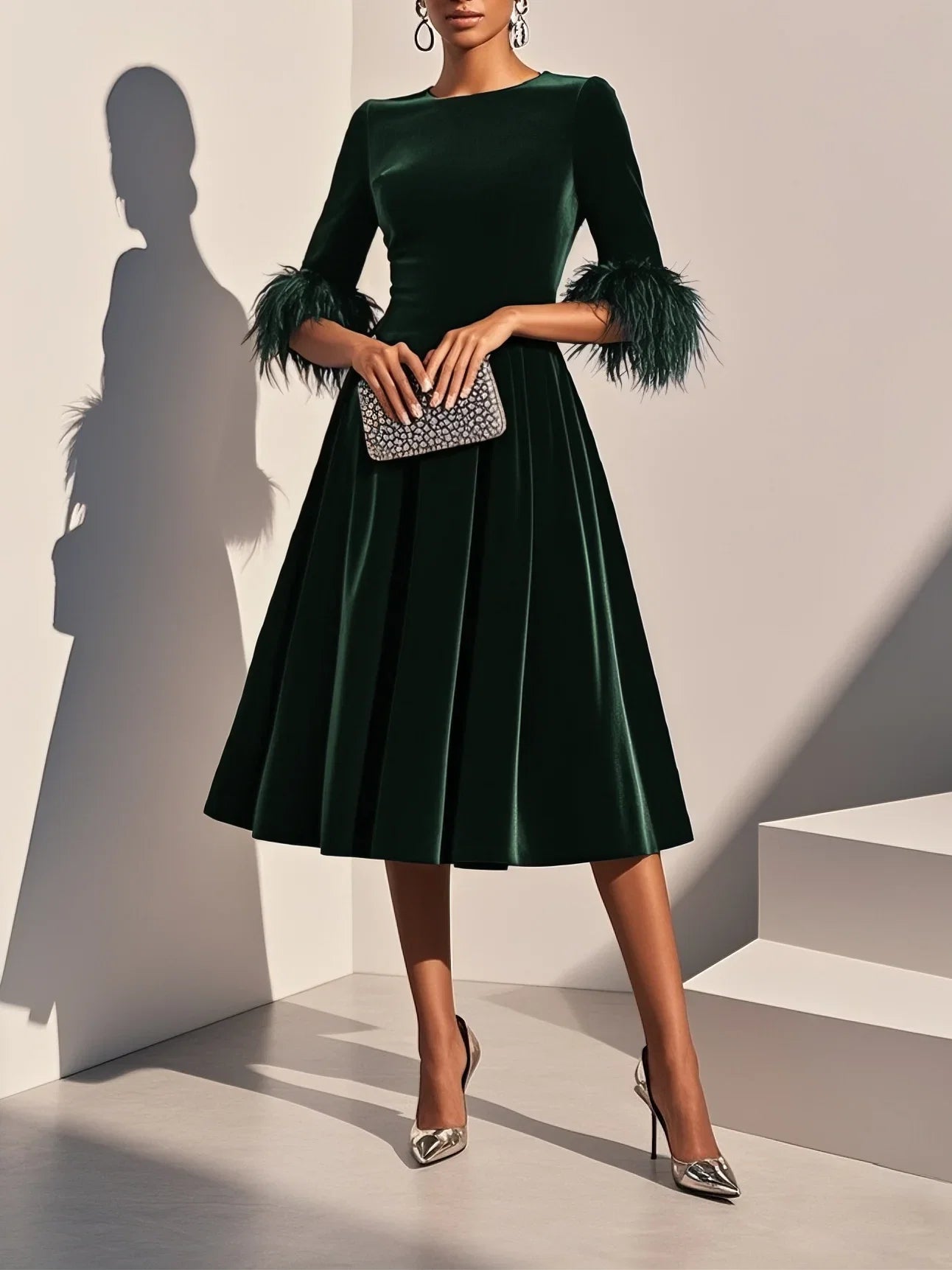 A-Line Crew Neck Half Sleeve Zipper Up Tea-Length Prom Dress