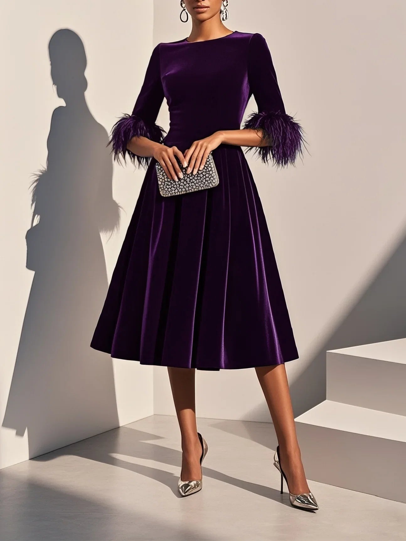 A-Line Crew Neck Half Sleeve Zipper Up Tea-Length Prom Dress