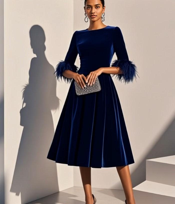 A-Line Crew Neck Half Sleeve Zipper Up Tea-Length Prom Dress