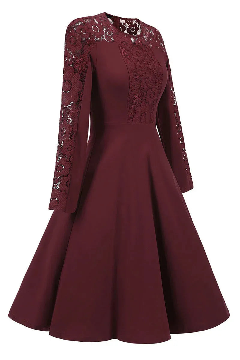 Elegant Burgundy Lace Panel A-Line Homecoming Dress With Long Sleeve Lace Detailing For Teens And Young Women
