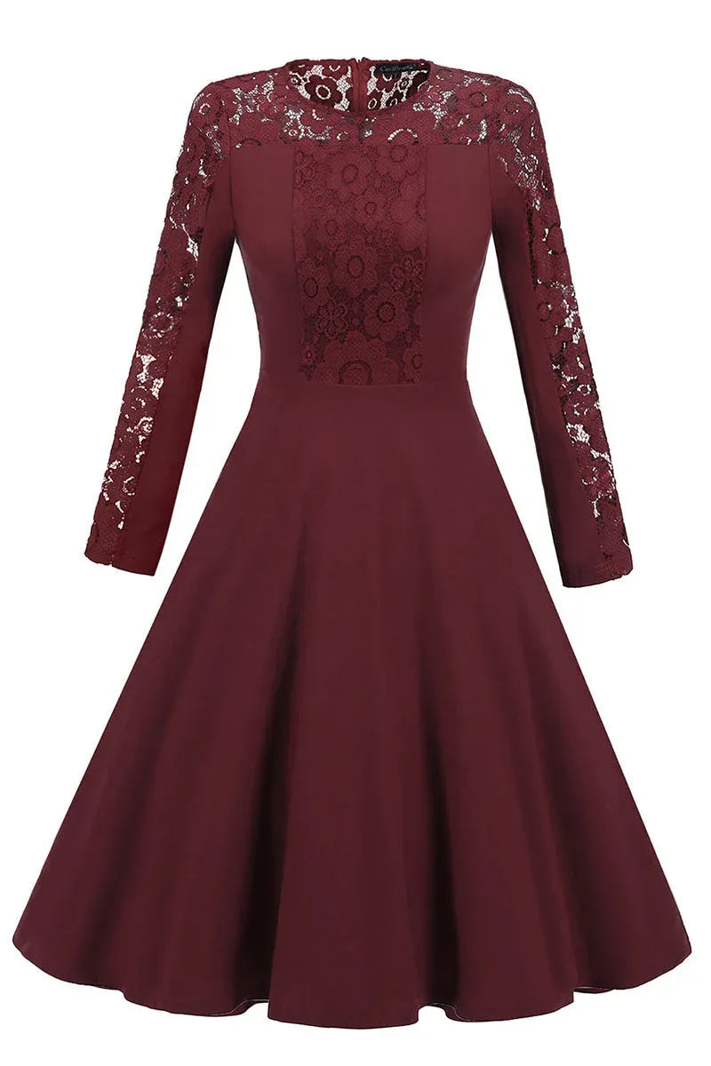 Elegant Burgundy Lace Panel A-Line Homecoming Dress With Long Sleeve Lace Detailing For Teens And Young Women