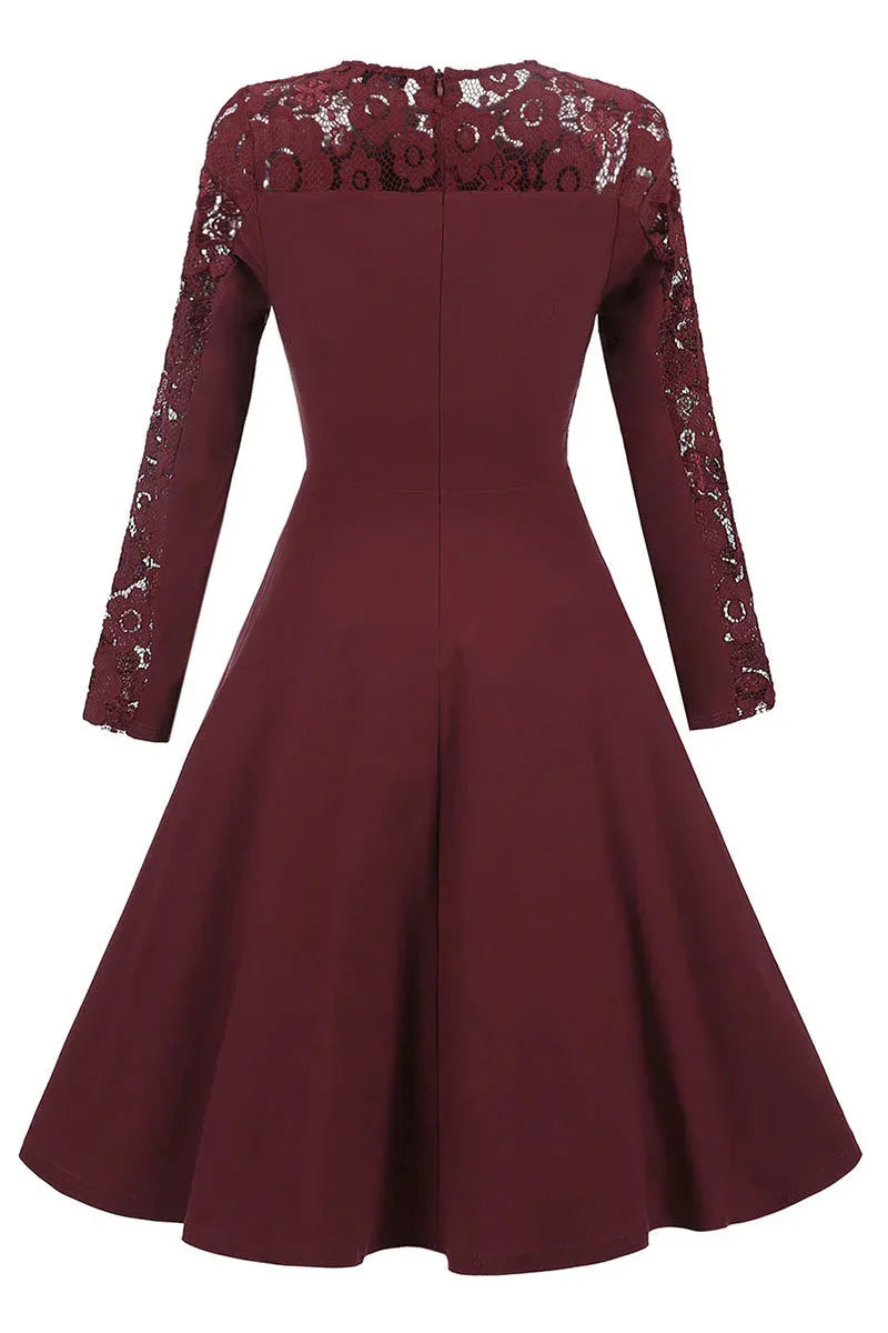Elegant Burgundy Lace Panel A-Line Homecoming Dress With Long Sleeve Lace Detailing For Teens And Young Women