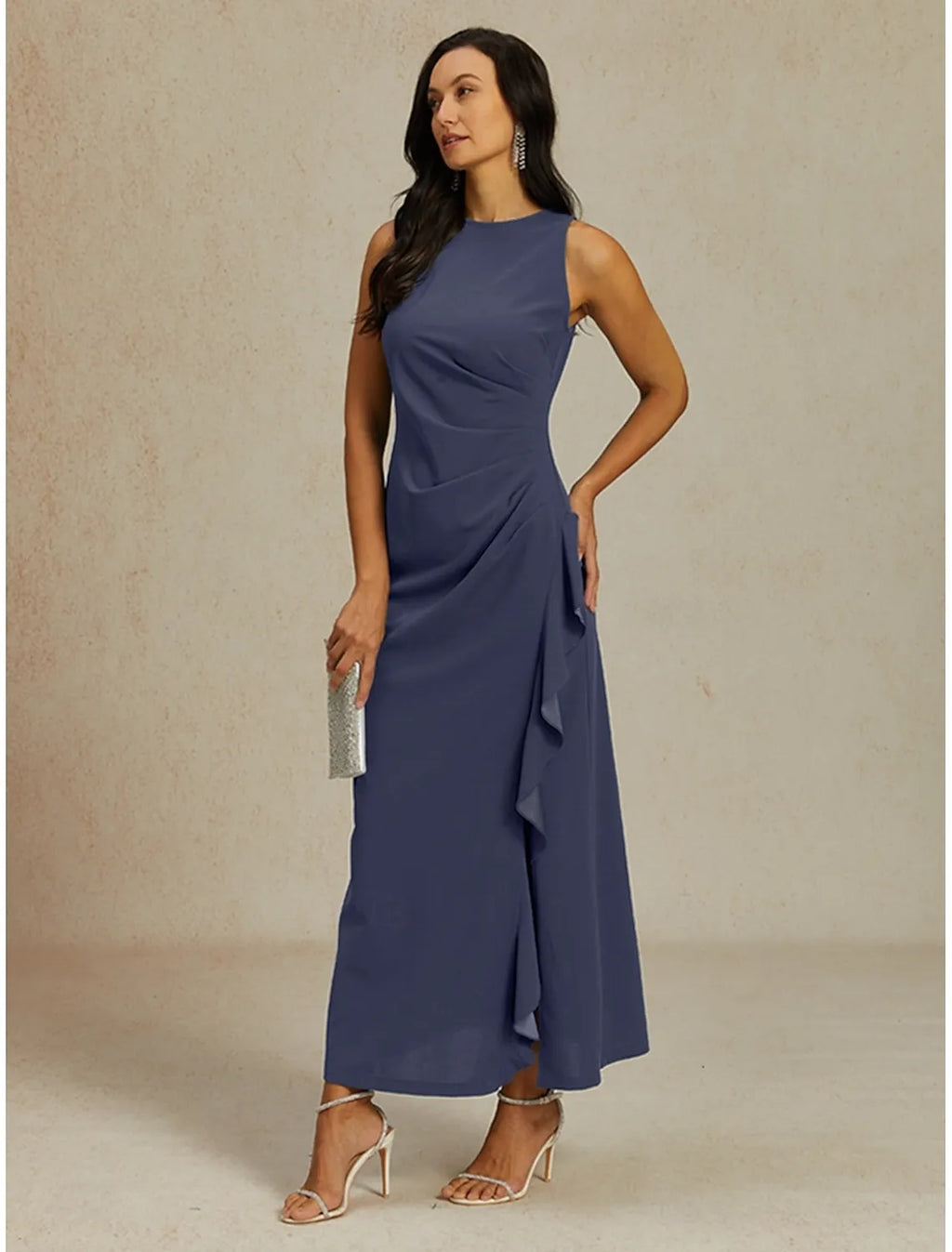 Elegant A-Line Crew Neck Sleeveless Ruffled Dusty Blue Maxi Prom Dress for Women Ready to Ship