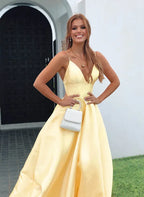 Prom Dress Satin Yellow A Line With Deep V Neck And Pockets For Girls Flowy Floor Length Evening Gown
