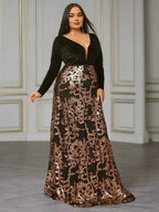 A-Line Deep V Neck Long Sleeve Backless Floor-Length Plus Size Prom Dress