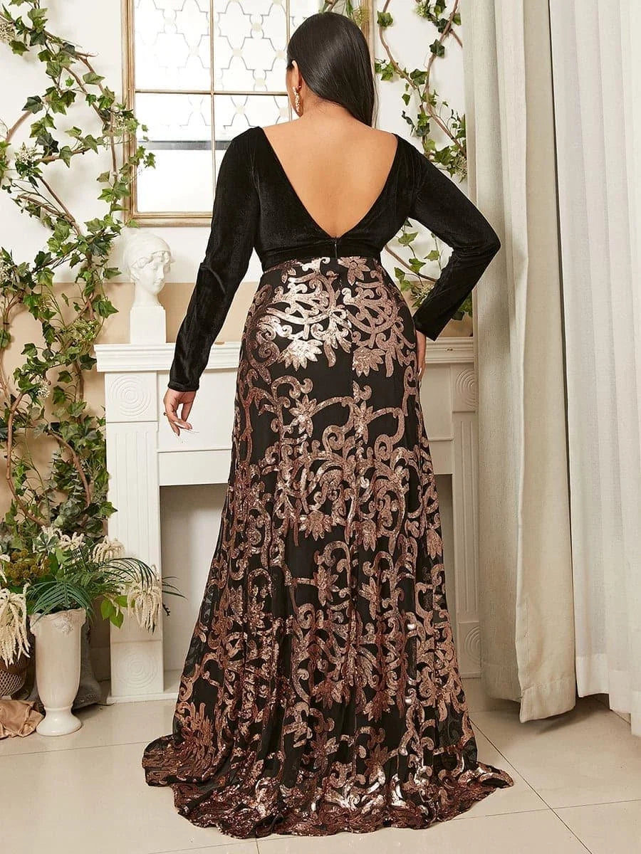 A-Line Deep V Neck Long Sleeve Backless Floor-Length Plus Size Prom Dress