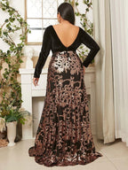 A-Line Deep V Neck Long Sleeve Backless Floor-Length Plus Size Prom Dress