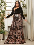 A-Line Deep V Neck Long Sleeve Backless Floor-Length Plus Size Prom Dress