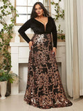A-Line Deep V Neck Long Sleeve Backless Floor-Length Plus Size Prom Dress