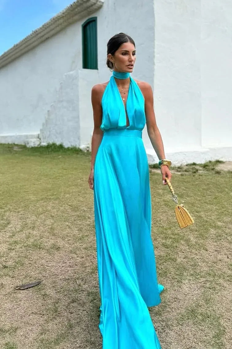 Prom Dress Turquoise Luxurious Satin A Line Halter Deep V Neck With Pleated Slit For Prom Night